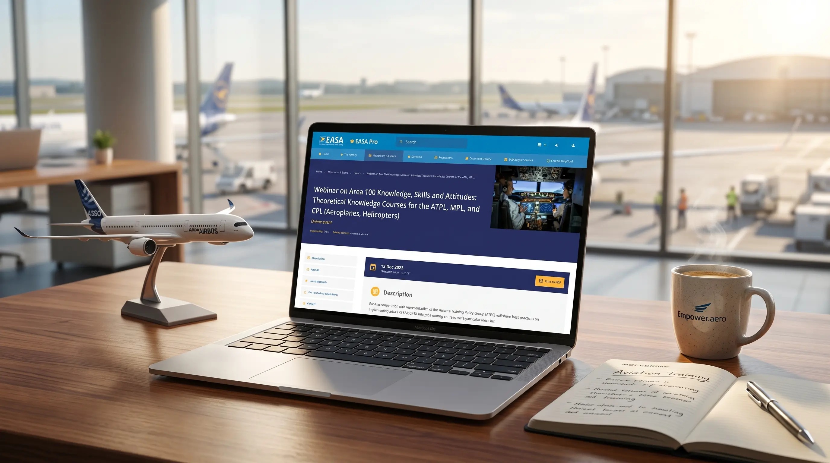 EASA KSA100 Webinar overview on laptop screen in modern airline office
