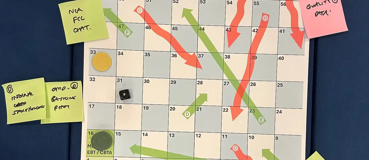 A bespoke EBT Snakes and Ladders board used at the EATS 2026 Head of Training round-table event